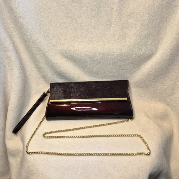 WHBM Embossed Calfhair & Patent Leather Clutch Evening Bag - Port Wine / Oxblood - Picture 3 of 8